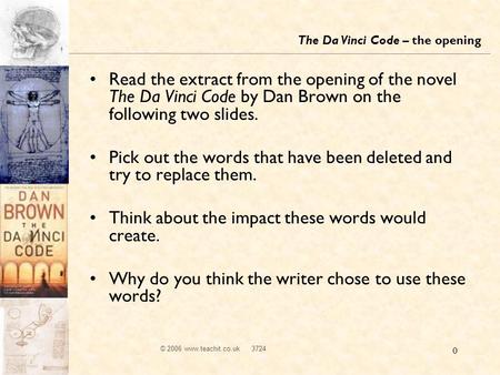 © 2006 www.teachit.co.uk 3724 0 Read the extract from the opening of the novel The Da Vinci Code by Dan Brown on the following two slides. Pick out the.