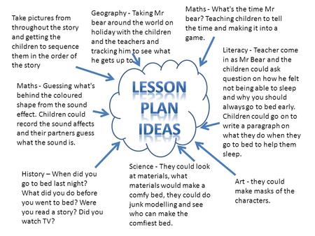 Literacy - Teacher come in as Mr Bear and the children could ask question on how he felt not being able to sleep and why you should always go to bed early.