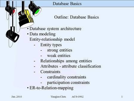 Database Basics Jan. 2010Yangjun Chen ACS-39021 Outline: Database Basics Database system architecture Data modeling Entity-relationship model -Entity types.