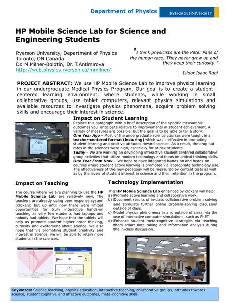 HP Mobile Science Lab for Science and Engineering Students Ryerson University, Department of Physics Toronto, ON Canada Dr. M.Milner-Bolotin, Dr. T.Antimirova.