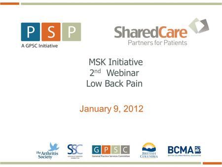 January 9, 2012 MSK Initiative 2 nd Webinar Low Back Pain.