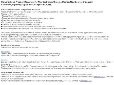 Flowchart and Proposal Document for New Certificate/Diploma/Degree, New Course, Changes in Certificate/Diploma/Degree, and Change to a Course. Rationale.