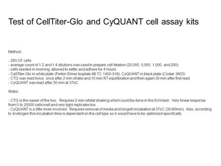 Method: - 293 GT cells - average count of 1:2 and 1:4 dilutions was used to prepare cell titration (20,000, 5,000, 1,000, and 200) - cells seeded in morning,