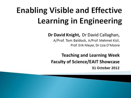 Dr David Knight, Dr David Callaghan, A/Prof. Tom Baldock, A/Prof. Mehmet Kizil, Prof. Erik Meyer, Dr Liza O’Moore Teaching and Learning Week Faculty of.