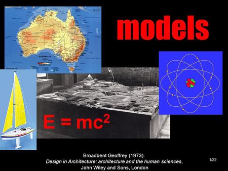 Models 1/22 Broadbent Geoffrey (1973). Design in Architecture: architecture and the human sciences, John Wiley and Sons, London E = mc 2.