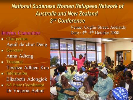 National Sudanese Women Refugees Network of Australia and New Zealand 2 nd Conference National Sudanese Women Refugees Network of Australia and New Zealand.