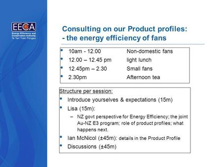 10am - 12.00 Non-domestic fans 12.00 – 12.45 pm light lunch 12.45pm – 2.30 Small fans 2.30pm Afternoon tea Consulting on our Product profiles: - the energy.