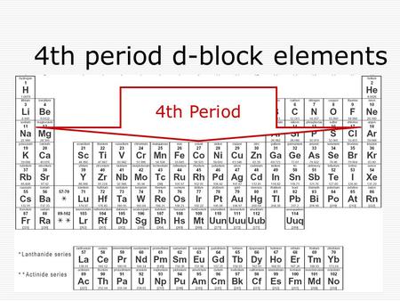 4th period d-block elements 4th Period. d-block elements  center block of periodic table transition elements d-sub level partially filled in one or more.