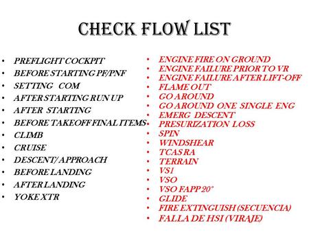 CHECK FLOW LIST FALLA DE HSI (VIRAJE) PREFLIGHT COCKPIT