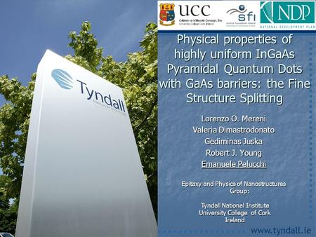 Www.tyndall.ie Lorenzo O. Mereni Valeria Dimastrodonato Gediminas Juska Robert J. Young Emanuele Pelucchi Physical properties of highly uniform InGaAs.