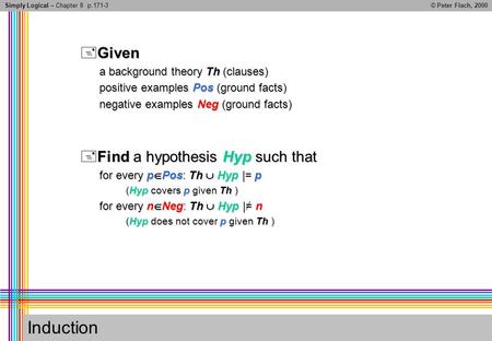 Simply Logical – Chapter 8© Peter Flach, 2000 Induction +Given a background theory Th (clauses) positive examples Pos (ground facts) negative examples.