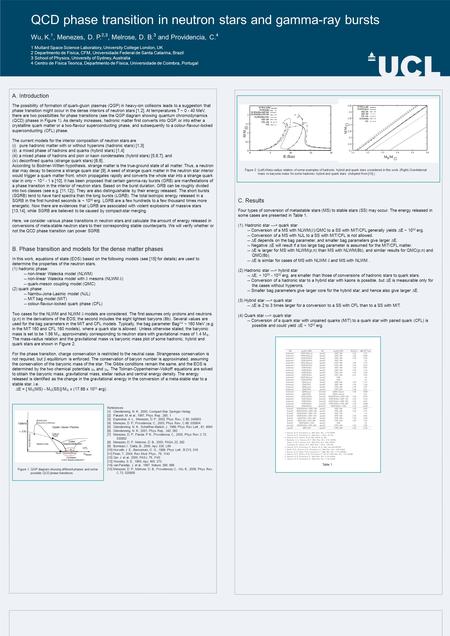 QCD phase transition in neutron stars and gamma-ray bursts Wu, K. 1, Menezes, D. P. 2,3, Melrose, D. B. 3 and Providencia, C. 4 1 Mullard Space Science.