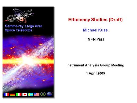 Gamma-ray Large Area Space Telescope Efficiency Studies (Draft) Michael Kuss INFN Pisa Instrument Analysis Group Meeting 1 April 2005.