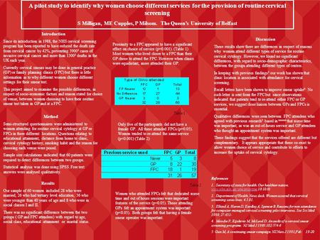 A pilot study to identify why women choose different services for the provision of routine cervical screening S Milligan, ME Cupples, P Milsom. The Queen’s.