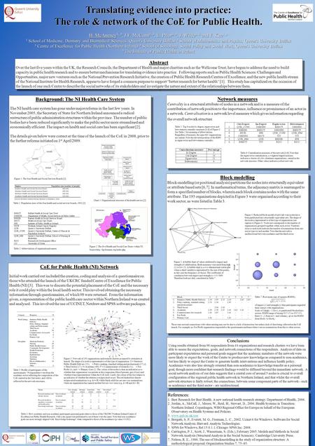 Translating evidence into practice: The role & network of the CoE for Public Health. H. McAneney 1, 2, J.F. McCann 2, 3, L. Prior 3, 4, J. Wilde 3, 5 and.