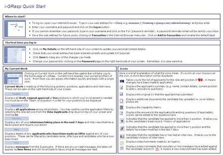 Where to start? The first time you log in My Current WorkIcons To log on, open your internet browser. Type in your web address for i-GRasp e.g, xxxxxxs://training.i-grasp.com/admintraining/