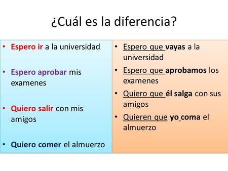 ¿Cuál es la diferencia? Espero ir a la universidad Espero aprobar mis examenes Quiero salir con mis amigos Quiero comer el almuerzo Espero ir a la universidad.