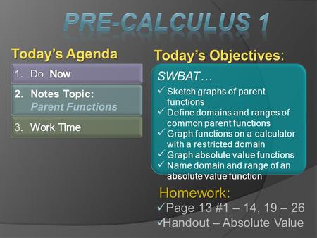 Today’s Objectives: Today’s Agenda SWBAT… Sketch graphs of parent functions Define domains and ranges of common parent functions Graph functions on a calculator.