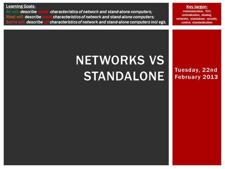 Key Jargon: communication, TCO, centralisation, sharing, networks, standalone, security, control, standardisation Learning Goals: All will: describe some.