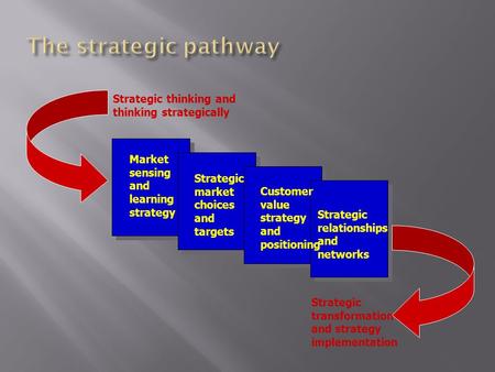 Market sensing and learning strategy Strategic market choices and targets Customer value strategy and positioning Strategic relationships and networks.