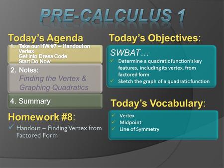 Pre-Calculus 1 Today’s Agenda Today’s Objectives: Today’s Vocabulary: