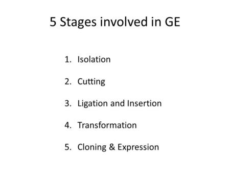 5 Stages involved in GE Isolation Cutting Ligation and Insertion