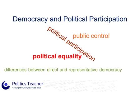 Copyright © 2010/reviewed 2013 Democracy and Political Participation political equality political participation public control differences between direct.