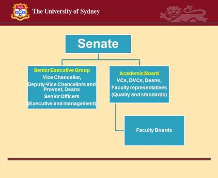 Senate Senior Executive Group Vice Chancellor, Deputy-Vice Chancellors and Provost, Deans Senior Officers (Executive and management) Academic Board VCs,