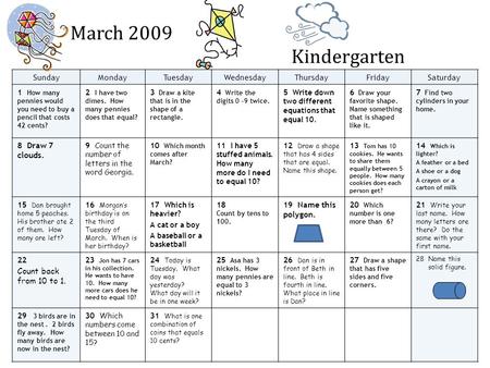 March 2009 Kindergarten SundayMondayTuesdayWednesdayThursdayFridaySaturday 1 How many pennies would you need to buy a pencil that costs 42 cents? 2 I have.