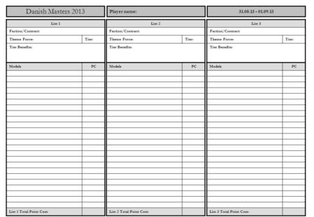 List 1 Faction/Contract: Theme Force:Tier: Tier Benefits: Models PC List 1 Total Point Cost: Danish Masters 2013 Player name:31.08.13 - 01.09.13 List 2.