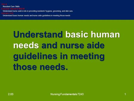 Nursing Fundamentals 7243 Unit A Resident Care Skills