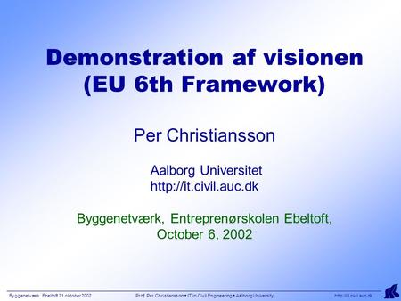 Byggenetværk Ebeltoft 21 oktober 2002 Prof. Per Christiansson  IT in Civil Engineering  Aalborg University  Demonstration af visionen.