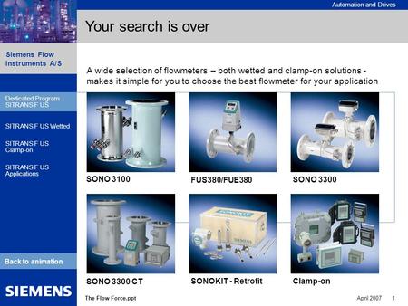 Automation and Drives Siemens Flow Instruments A/S The Flow Force.pptApril 2007 1 Dedicated Program SITRANS F US SITRANS F US Wetted SITRANS F US Clamp-on.