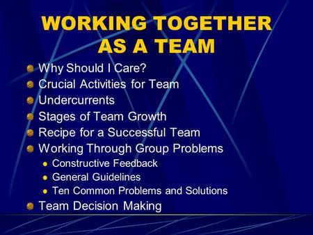 WORKING TOGETHER AS A TEAM Why Should I Care? Crucial Activities for Team Undercurrents Stages of Team Growth Recipe for a Successful Team Working Through.