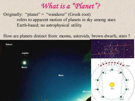 What is a “Planet”? Originally: “planet” = “wanderer” (Greek root)