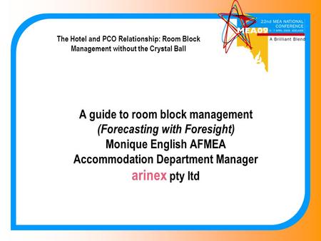 The Hotel and PCO Relationship: Room Block Management without the Crystal Ball A guide to room block management (Forecasting with Foresight) Monique English.