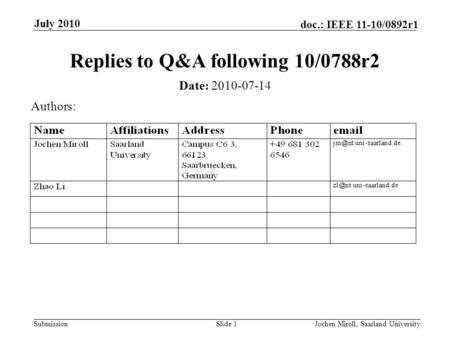 Submission doc.: IEEE 11-10/0892r1 July 2010 Jochen Miroll, Saarland UniversitySlide 1 Replies to Q&A following 10/0788r2 Date: 2010-07-14 Authors: