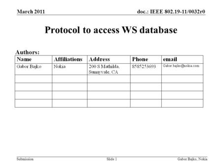 Doc.: IEEE 802.19-11/0032r0 Submission March 2011 Gabor Bajko, NokiaSlide 1 Protocol to access WS database Authors: