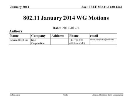 Doc.: IEEE 802.11-14/0144r3 Submission January 2014 Adrian Stephens, Intel CorporationSlide 1 802.11 January 2014 WG Motions Date: 2014-01-24 Authors: