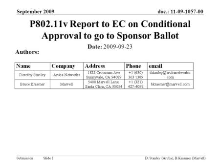 Doc.: 11-09-1057-00 Submission September 2009 D. Stanley (Aruba), B.Kraemer (Marvell) Slide 1 P802.11v Report to EC on Conditional Approval to go to Sponsor.