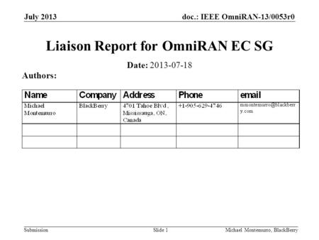 Doc.: IEEE OmniRAN-13/0053r0 Submission July 2013 Michael Montemurro, BlackBerrySlide 1 Liaison Report for OmniRAN EC SG Date: 2013-07-18 Authors: