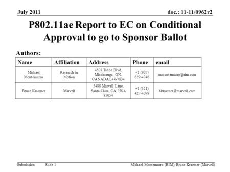 Doc.: 11-11/0962r2 Submission July 2011 Michael Montemurro (RIM), Bruce Kraemer (Marvell) Slide 1 P802.11ae Report to EC on Conditional Approval to go.