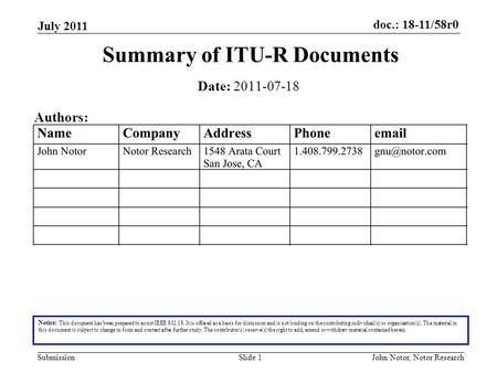 Doc.: 18-11/58r0 Submission July 2011 John Notor, Notor ResearchSlide 1 Summary of ITU-R Documents Notice: This document has been prepared to assist IEEE.