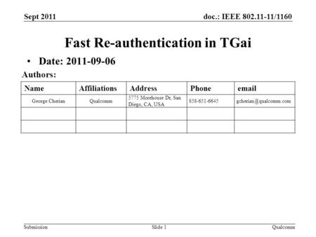 Doc.: IEEE 802.11-11/1160 Submission NameAffiliationsAddressPhone George CherianQualcomm 5775 Morehouse Dr, San Diego, CA, USA