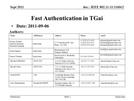 Doc.: IEEE 802.11-11/1160r2 Submission NameAffiliationsAddressPhoneemail George Cherian Santosh Abraham Hemanth Sampath Qualcomm 5775 Morehouse Dr, San.