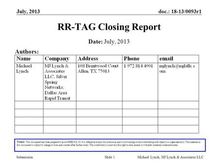 Doc.: 18-13/0093r1 Submission July, 2013 Michael Lynch, MJ Lynch & Associates LLCSlide 1 RR-TAG Closing Report Notice: This document has been prepared.