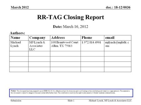 Doc.: 18-12/0036 Submission March 2012 Michael Lynch, MJ Lynch & Associates LLCSlide 1 RR-TAG Closing Report Notice: This document has been prepared to.