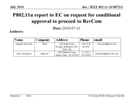 Doc.: IEEE 802.11-10/0872r2 Submission July 2010 S. McCann (RIM), B.Kraemer (Marvell) Slide 1 P802.11u report to EC on request for conditional approval.