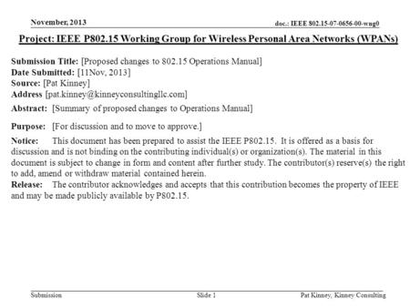 Doc.: IEEE 802.15-07-0656-00-wng0 Submission November, 2013 Pat Kinney, Kinney ConsultingSlide 1 Project: IEEE P802.15 Working Group for Wireless Personal.