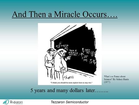 Tezzaron Semiconductor And Then a Miracle Occurs…. 5 years and many dollars later…….. What’s so Funny about Science? By Sidney Harris (1977)